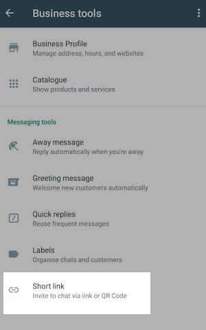 WhatsApp Business Android Business tools screen highlighting Short link