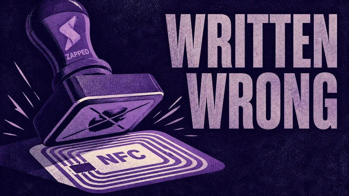 Editorial poster of a rubber stamp marked with the Zapped bolt pressing a crossed out symbol onto an NFC antenna coil, beside the headline Written Wrong