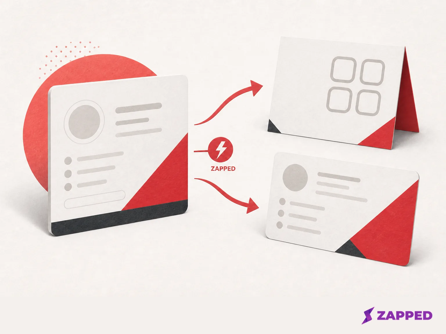 Blank profile card feeding abstract QR and VCF sharing cards with red arrows