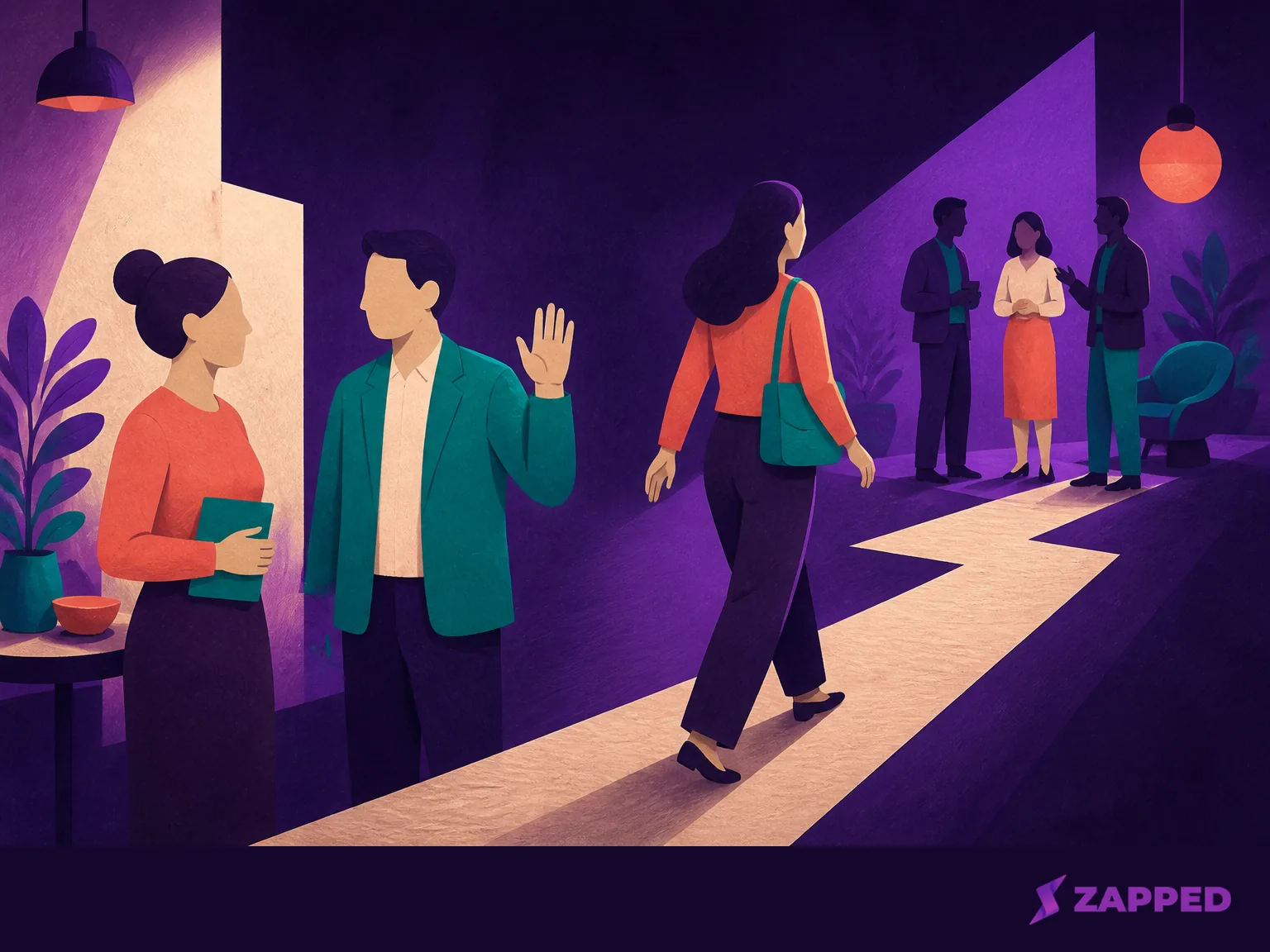 Small networking group with one person giving a polite wave while another walks toward a welcoming second group.
