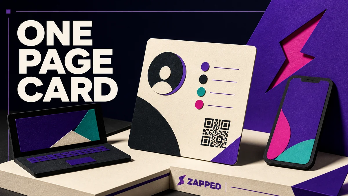 A laptop and phone beside a clean digital business card layout with contact actions and a QR shape