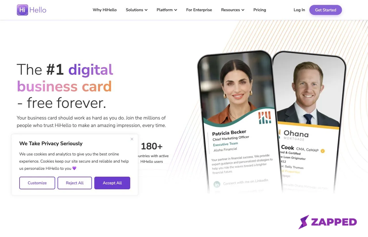 HiHello's public digital business card page showing the product header and digital card examples.