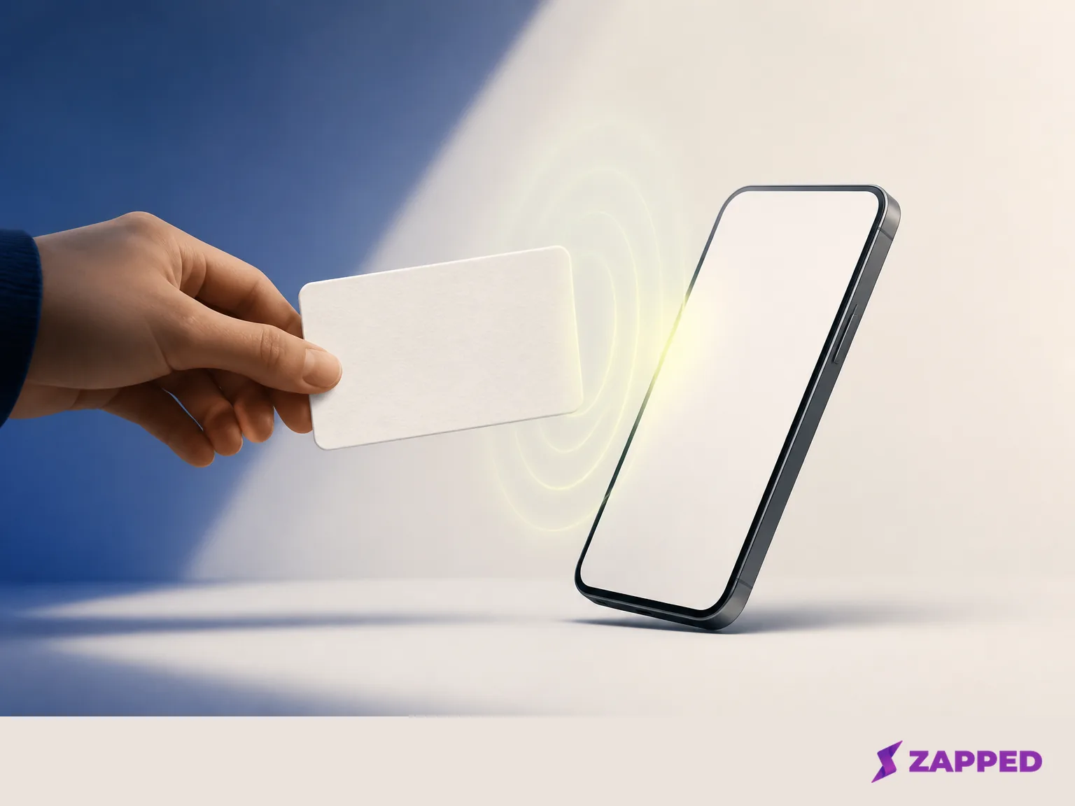 A blank profile card approaches a blank smartphone with a conceptual contactless sharing ripple