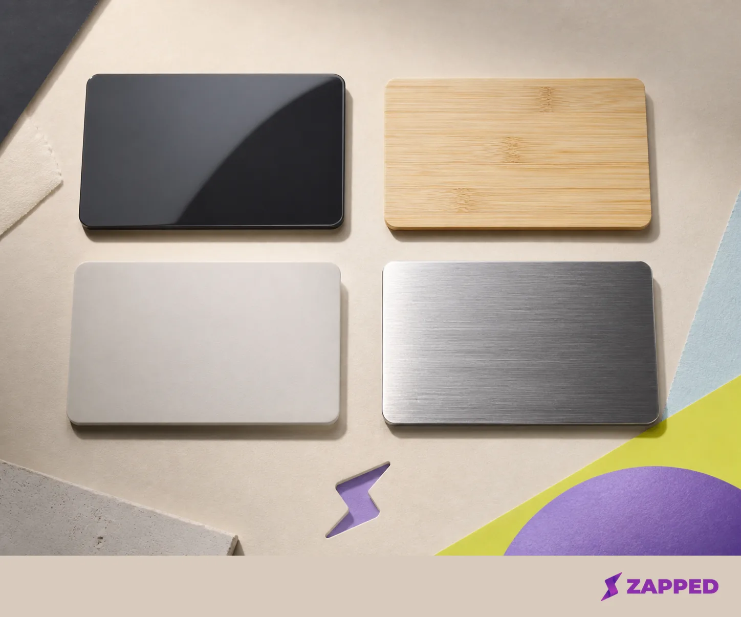 Illustration of four unlabeled card samples showing gloss, bamboo, matte, and brushed metal materials