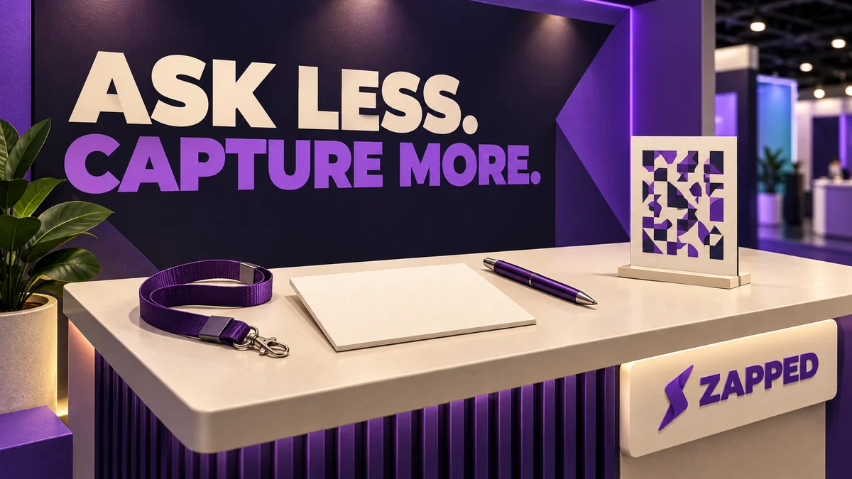 Editorial illustration of an uncluttered trade show booth counter with a blank form card, pen, lanyard, and QR stand.