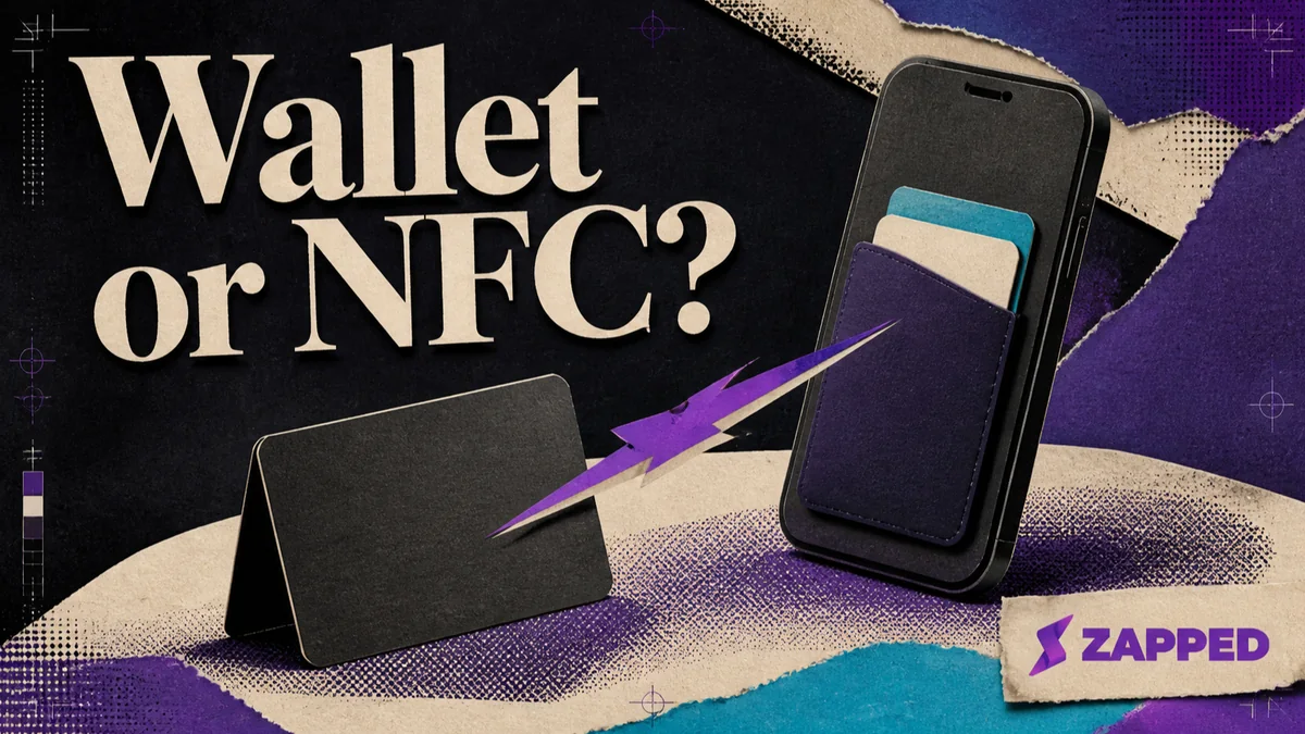 A smartphone with a digital wallet pass beside a physical NFC business card on a networking table.