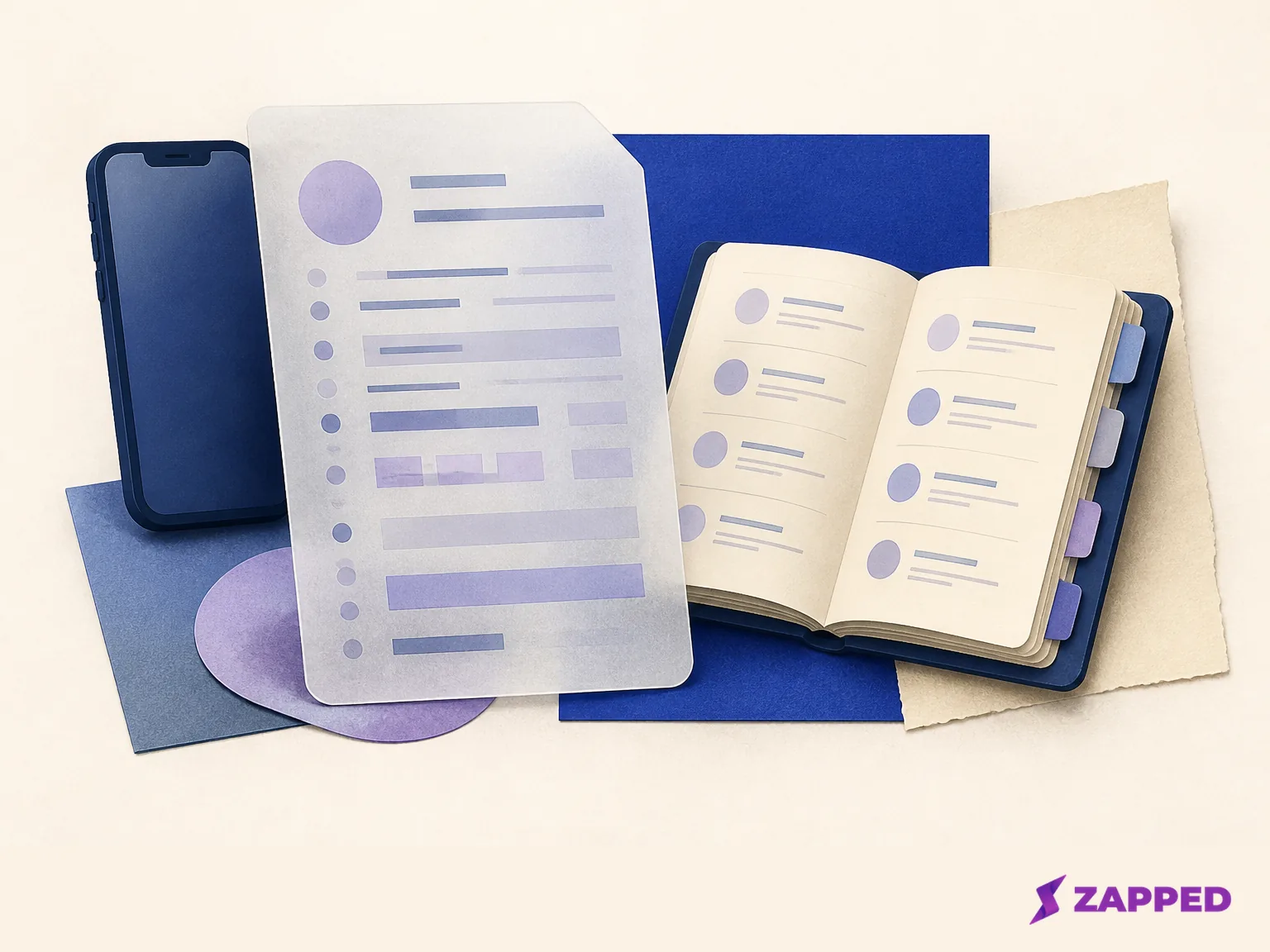 Blank contact file sheet beside a phone and paper address book, showing abstract fields without readable text