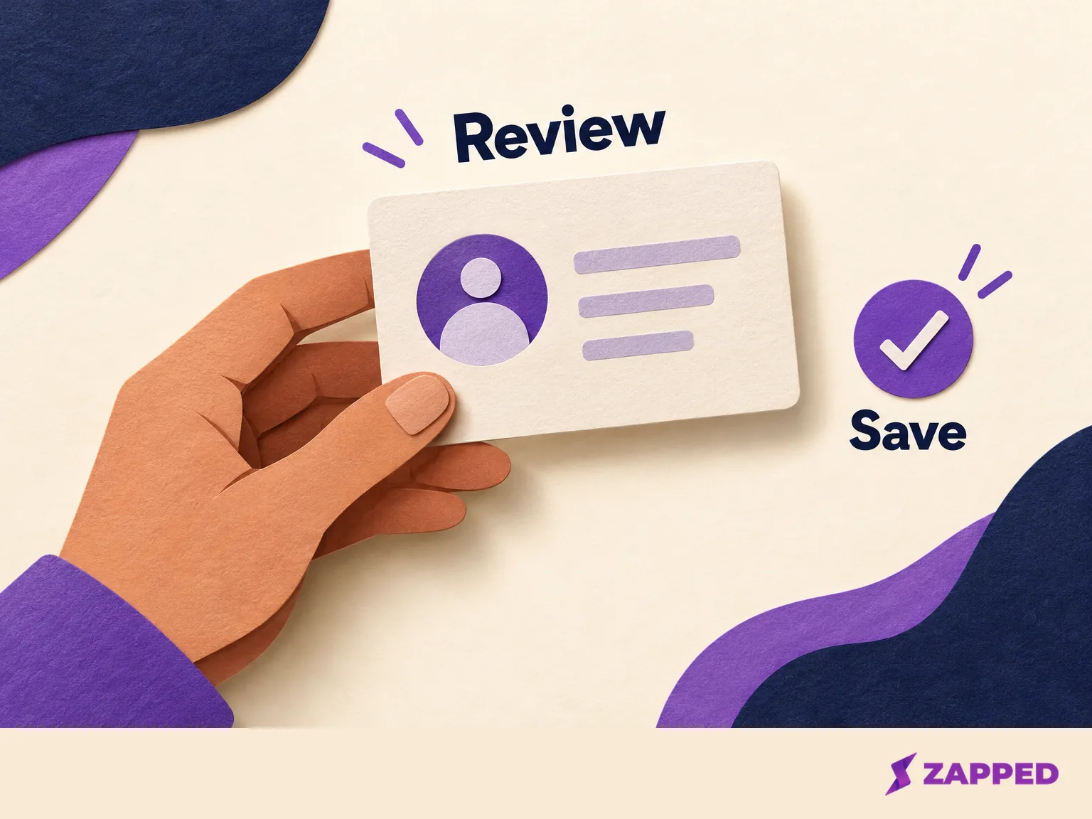 A hand reviews an unlabelled contact card beside a check mark, with Review and Save labels.