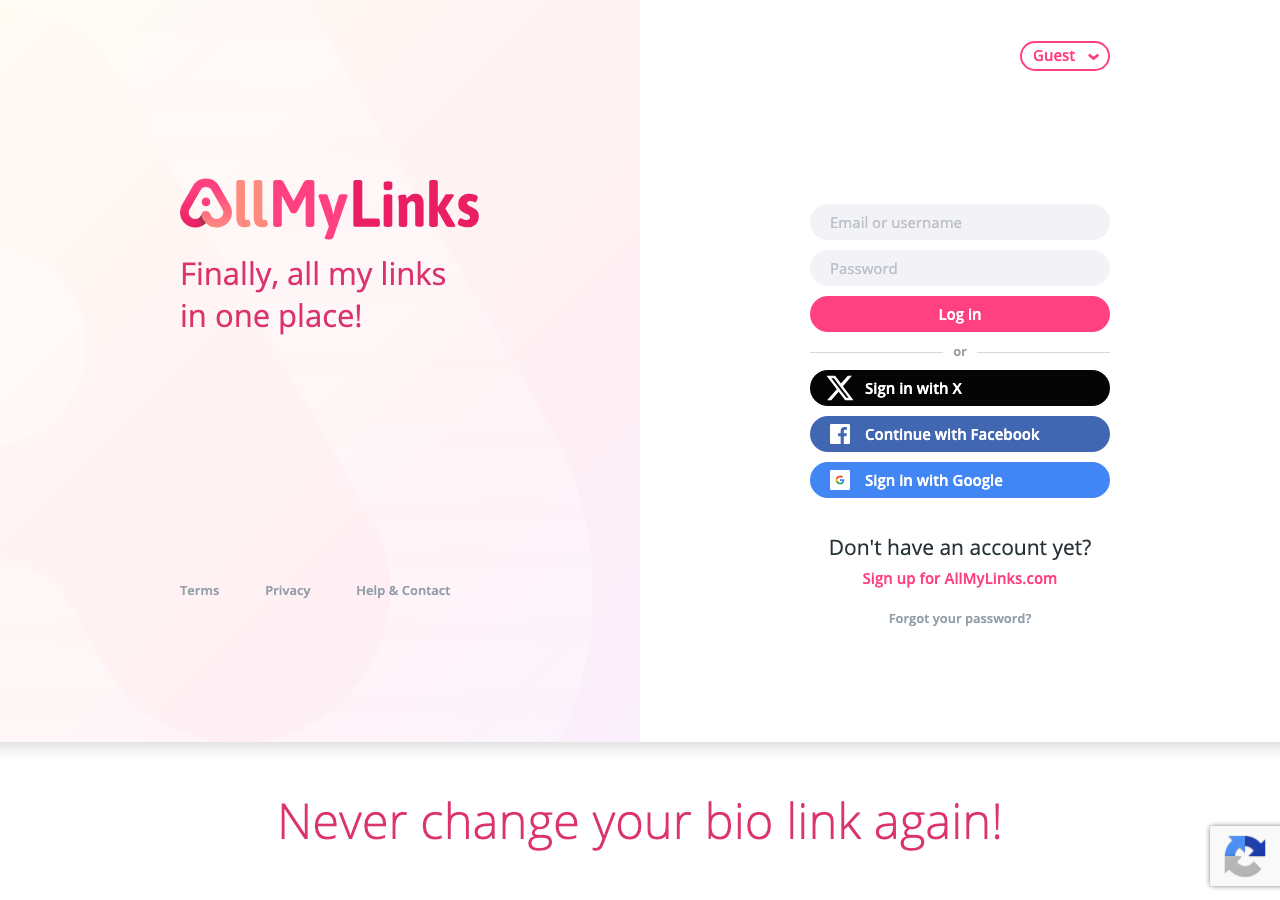 AllMyLinks public landing page showing login and free bio link messaging