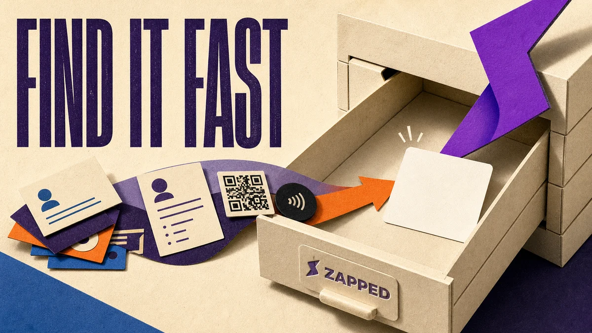 Editorial illustration of paper business cards flowing into one clean digital contact record with a ZAPPED mark integrated into the filing system