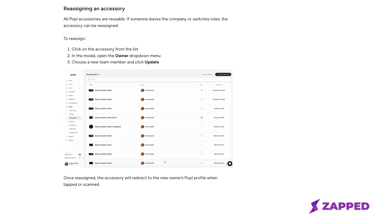 Screenshot of Popl's Help Center article stating that its accessories are reusable and can be reassigned to a new team member through its own dashboard