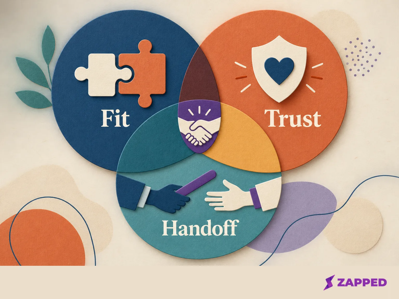 Conceptual relationship map showing Fit, Trust, and Handoff overlapping.