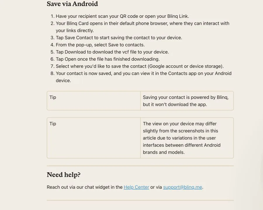 Blinq help instructions showing the Android VCF contact-save steps