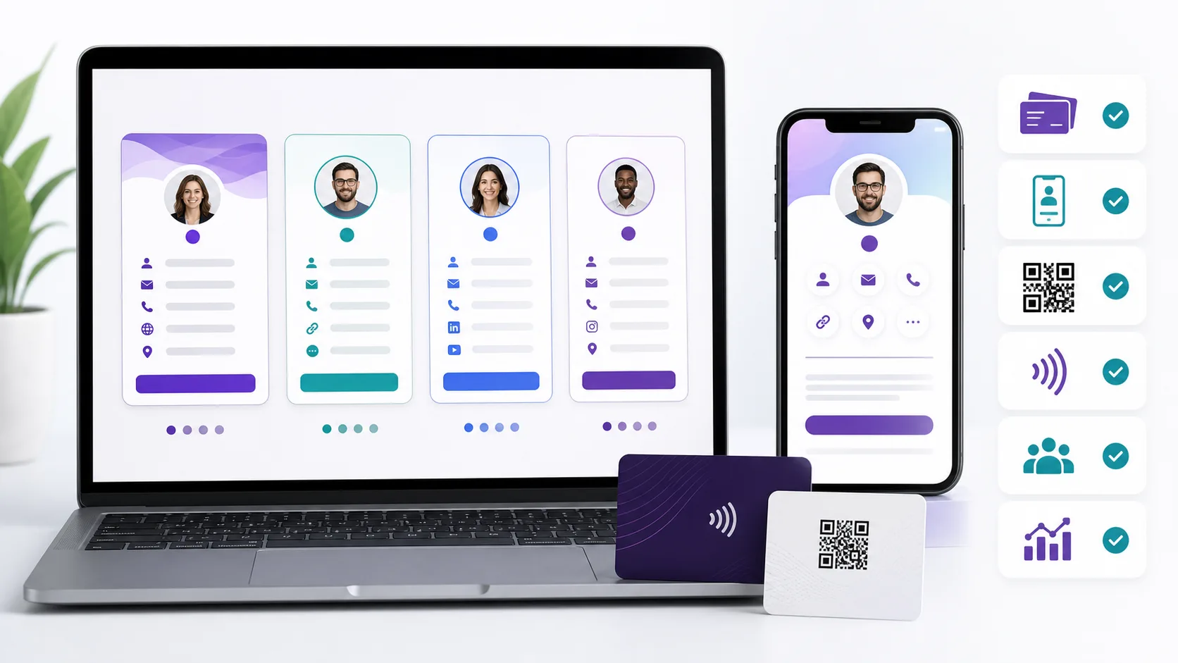 Laptop comparison screen with digital card profiles, QR card, and NFC card