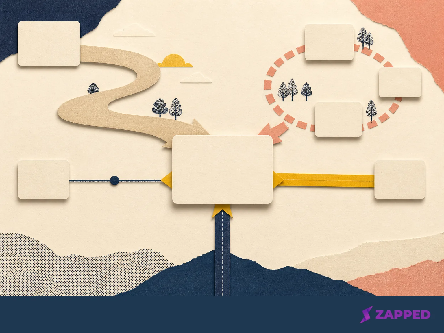Blank cards and abstract paths converging on one central networking choice