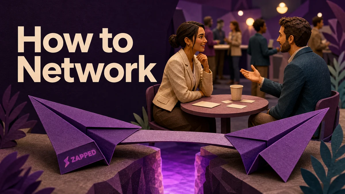 Two professionals begin a relaxed conversation at a networking event with a small table and blank cards nearby.