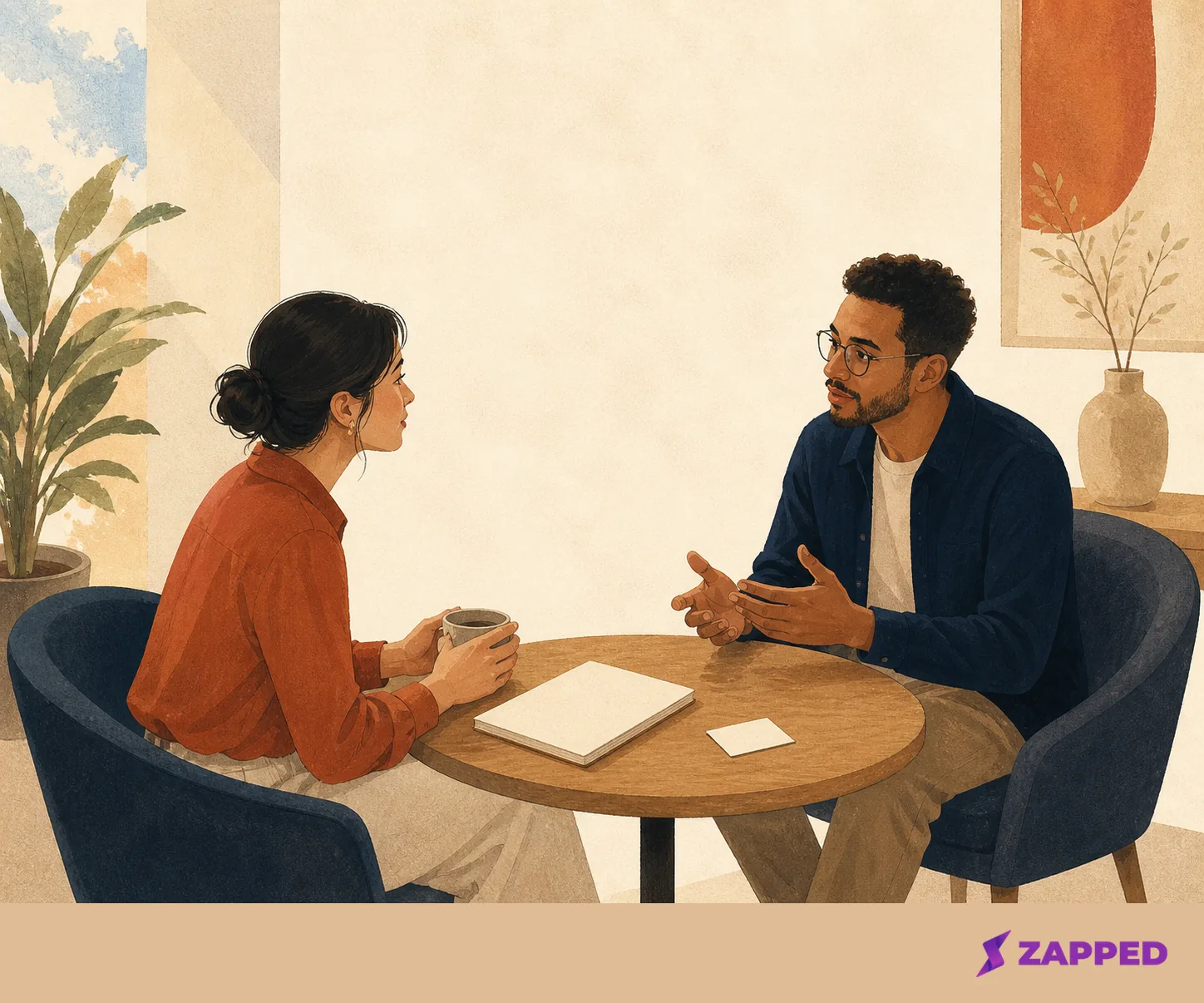 Two professionals having a focused conversation with a blank notebook and contact card on the table