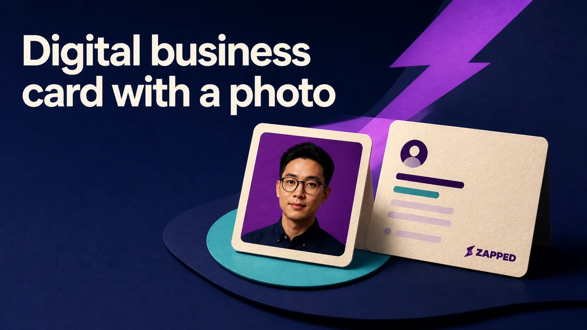 Professional portrait prepared for a digital business card, shown beside a clean profile card shape.
