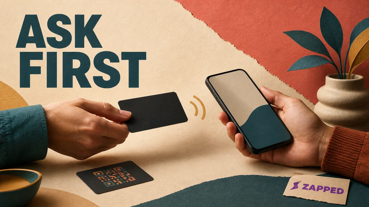 A person offering an NFC business card beside a phone, with a small tap symbol and a QR fallback card visible