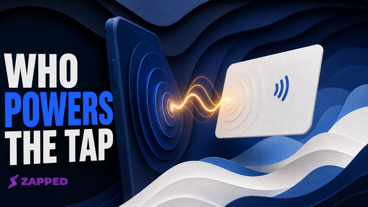 Editorial illustration of a passive NFC business card receiving power from a nearby phone, with the reader and card shown as separate parts of the tap