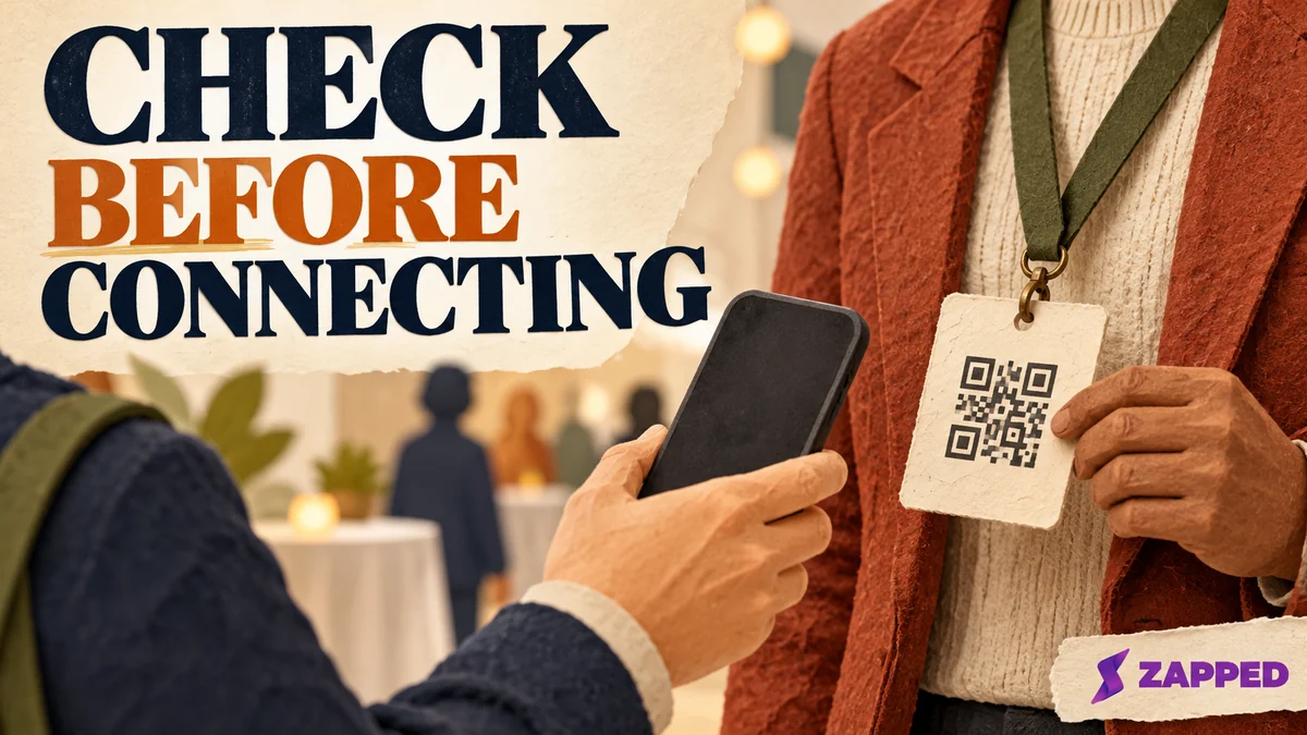 A person points a phone at a generic QR code on a networking badge.
