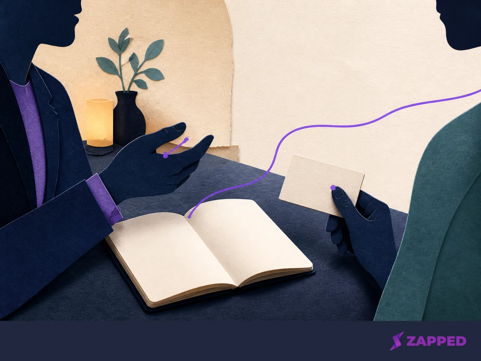 Editorial illustration of two people finishing a conversation beside a blank card and notebook with a line continuing forward