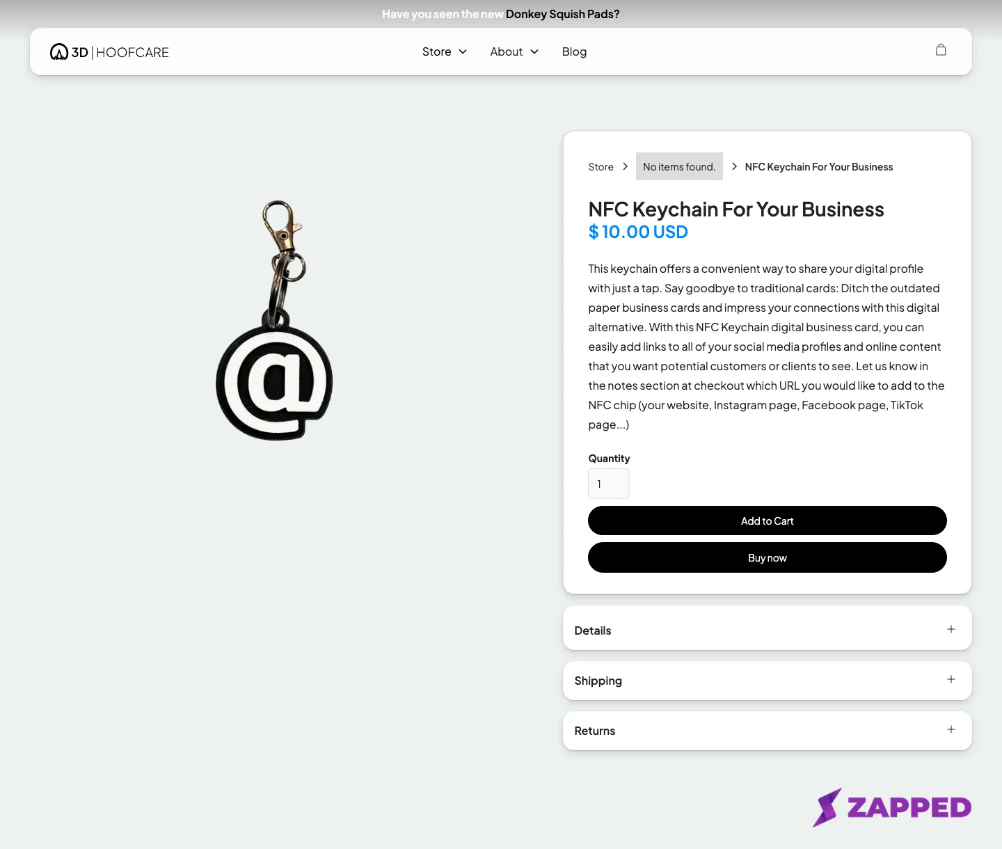 3dhoofcare product page for its NFC keychain, priced at ten dollars and asking buyers to send the destination link in the checkout notes