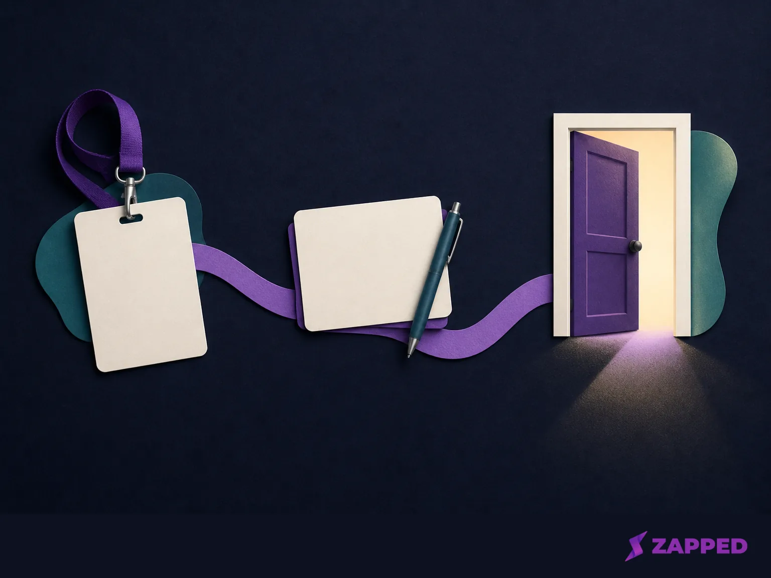 Editorial illustration of a blank event badge, note card, and doorway connected by a purple preparation route