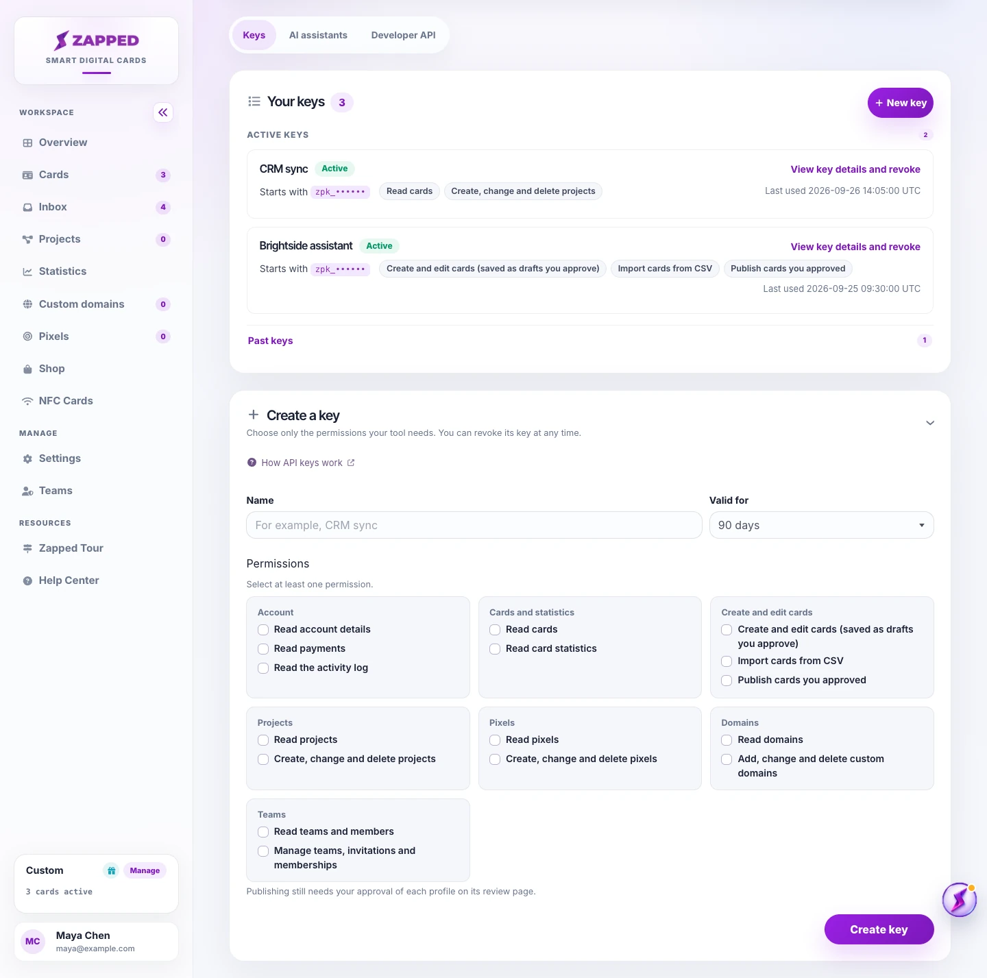 Integration key setup showing named permission areas for connected tools.
