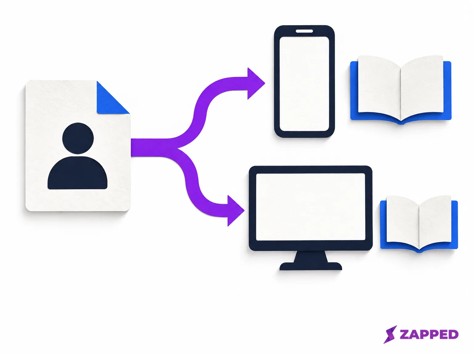 A blank contact file branching toward phone and desktop address-book symbols