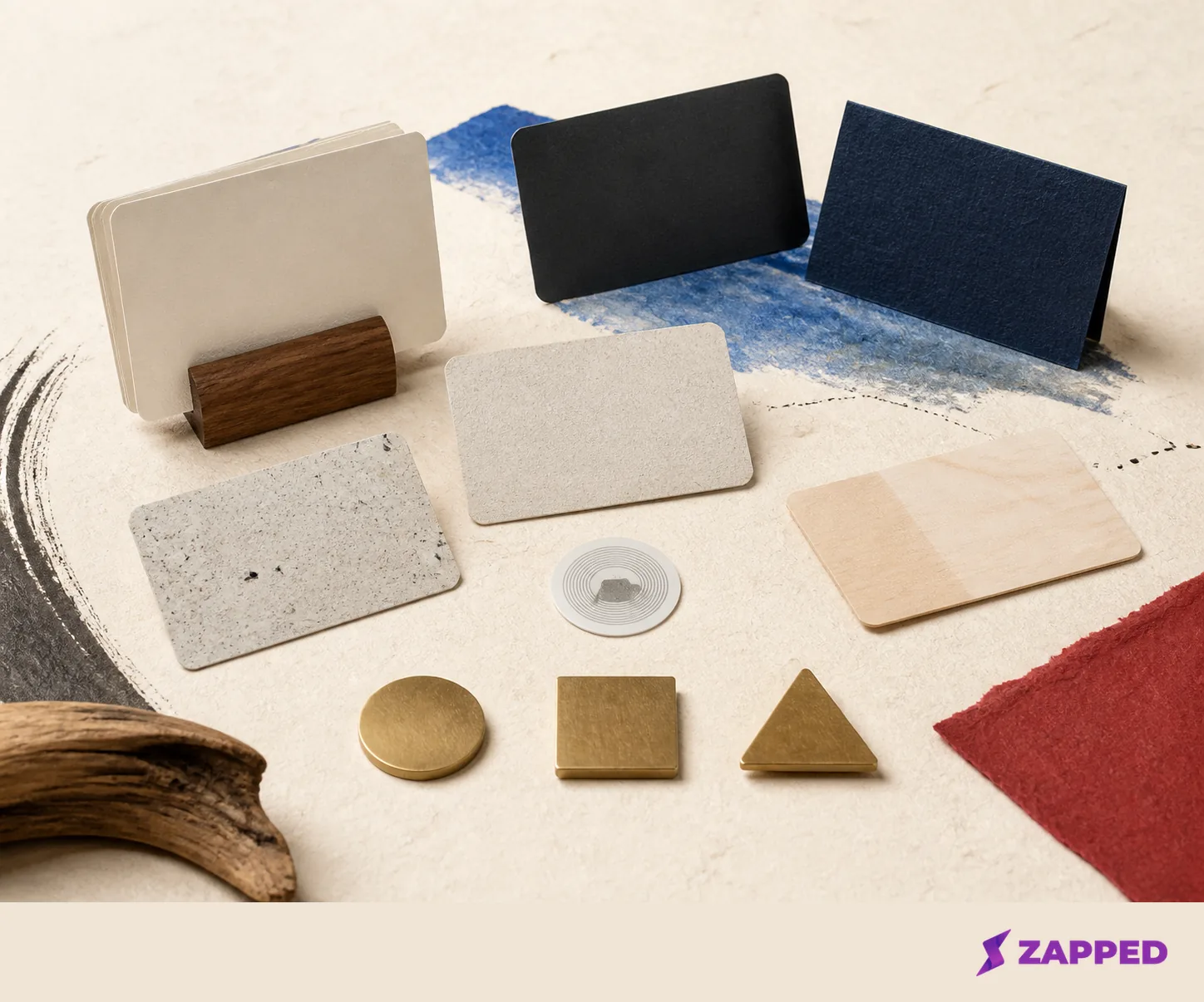 Conceptual NFC business card choice display with blank cards, a loose tag, and neutral decision markers.