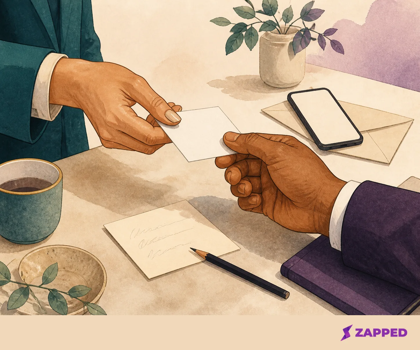 Two hands exchange a blank card beside an unreadable note and a phone during a calm follow-up.