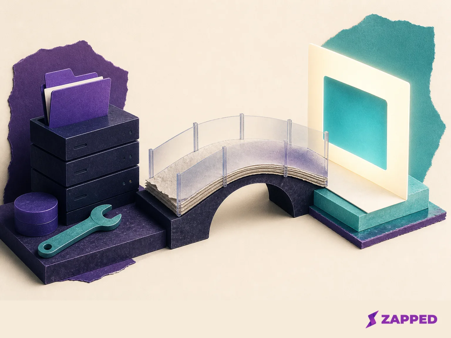 Conceptual illustration contrasting a server stack and maintenance tools with a browser based digital card across a paper and acrylic bridge.