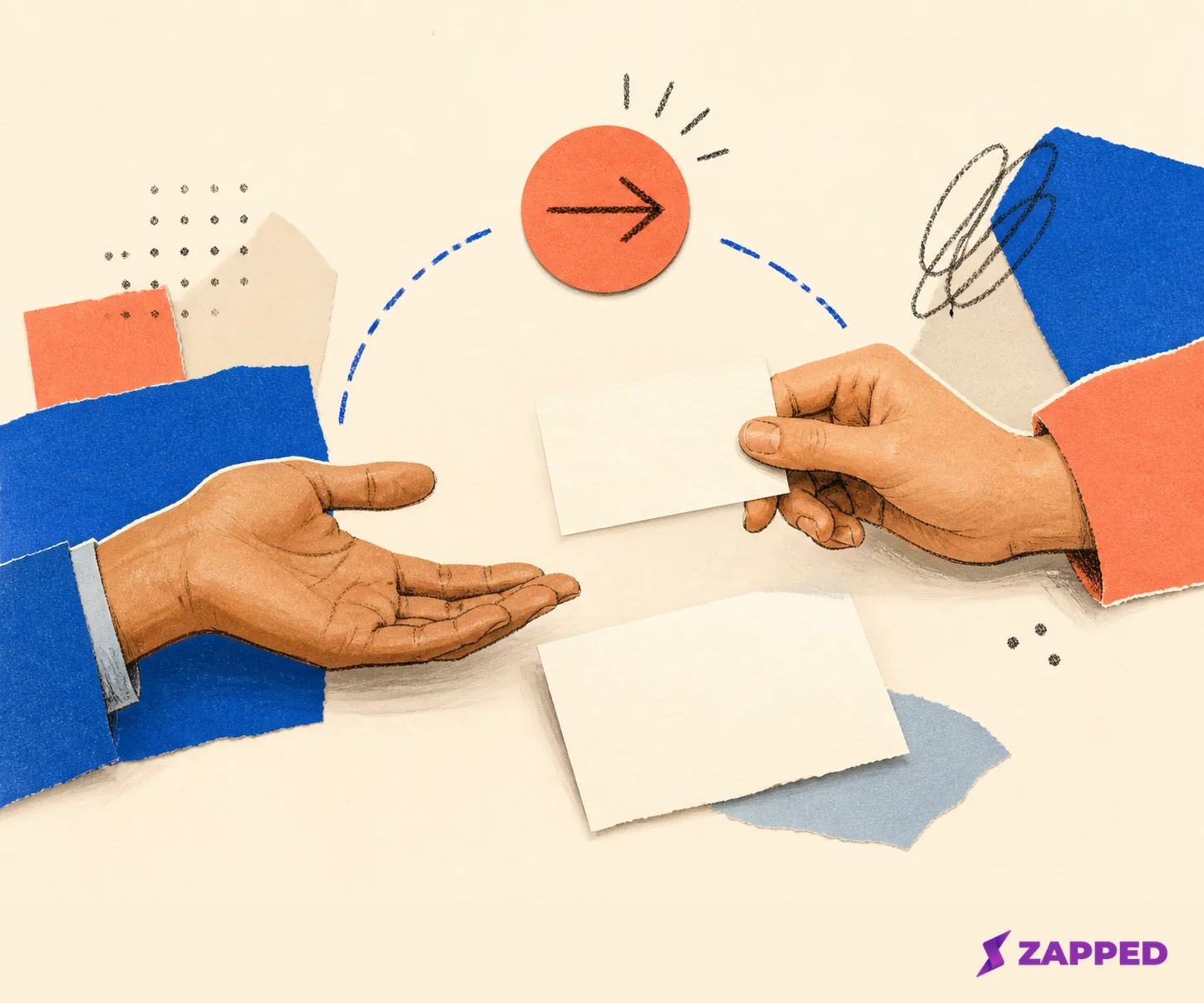 Editorial illustration of blank contact cards being handed over after a speed networking conversation