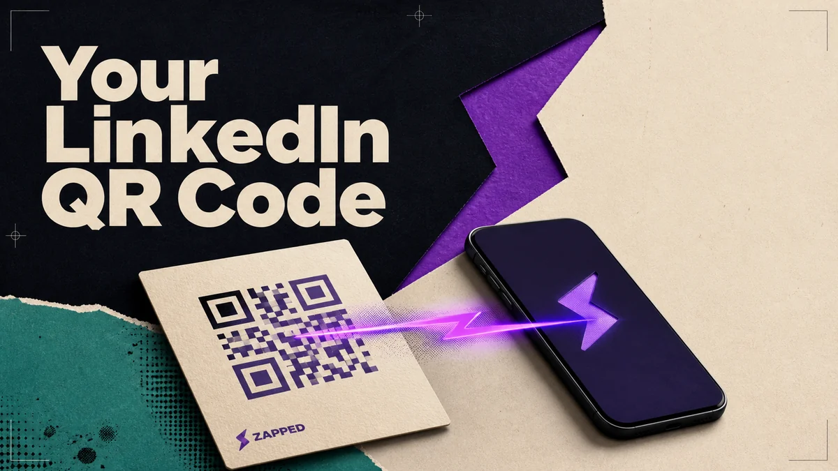 A clean professional card with an abstract LinkedIn-style QR pattern beside a phone ready to scan