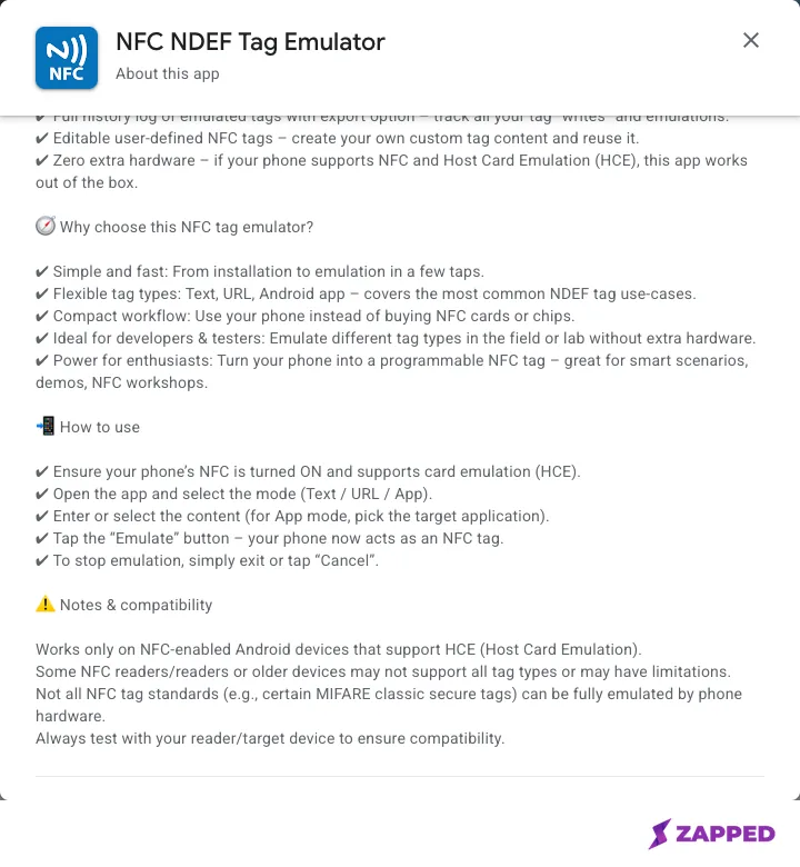 Screenshot of the Google Play listing for NFC NDEF Tag Emulator by MaxSoft Ltd, showing the developer's compatibility note about host card emulation support and testing with your own reader
