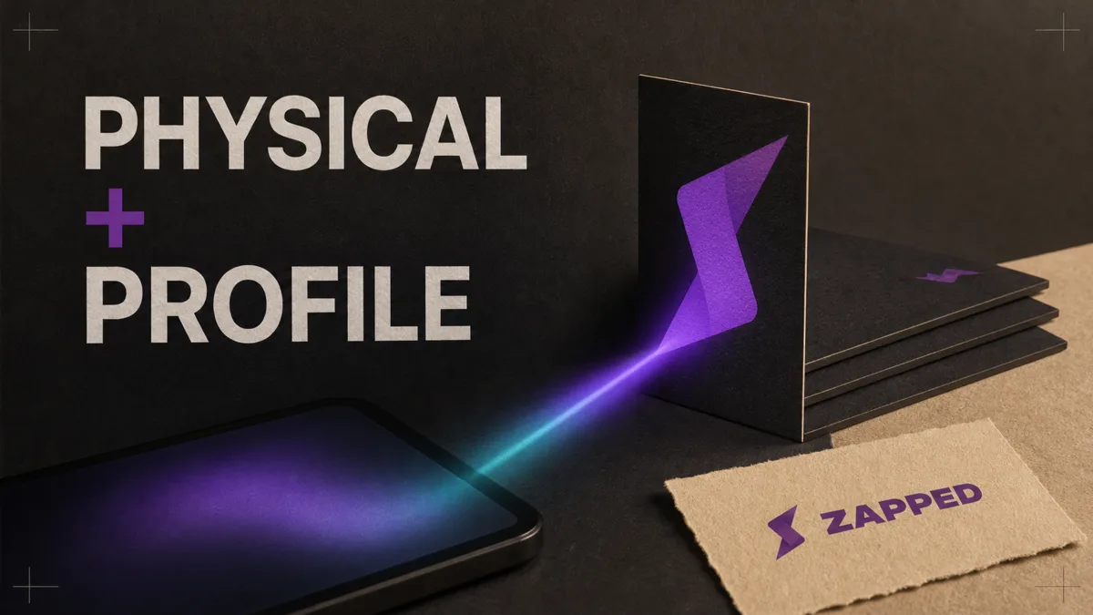 A branded digital business card beside a phone and a small stack of team cards, showing the physical and profile sides of the product choice.