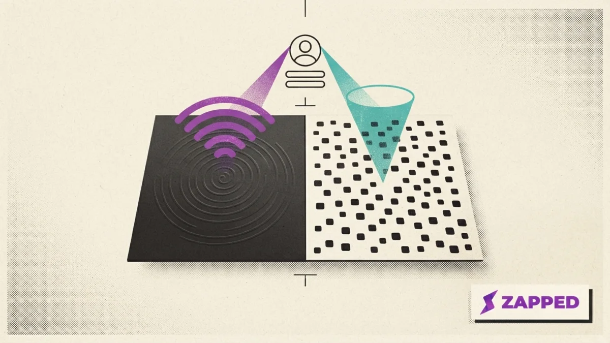 Illustration comparing an NFC coil and a QR pattern on two halves of one surface, with both routes leading to the same stylized profile