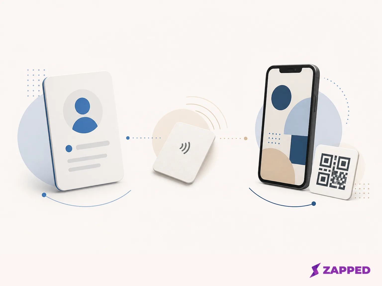 Abstract profile card, NFC trigger, phone, and QR-like fallback tile arranged as three unlabelled sharing layers