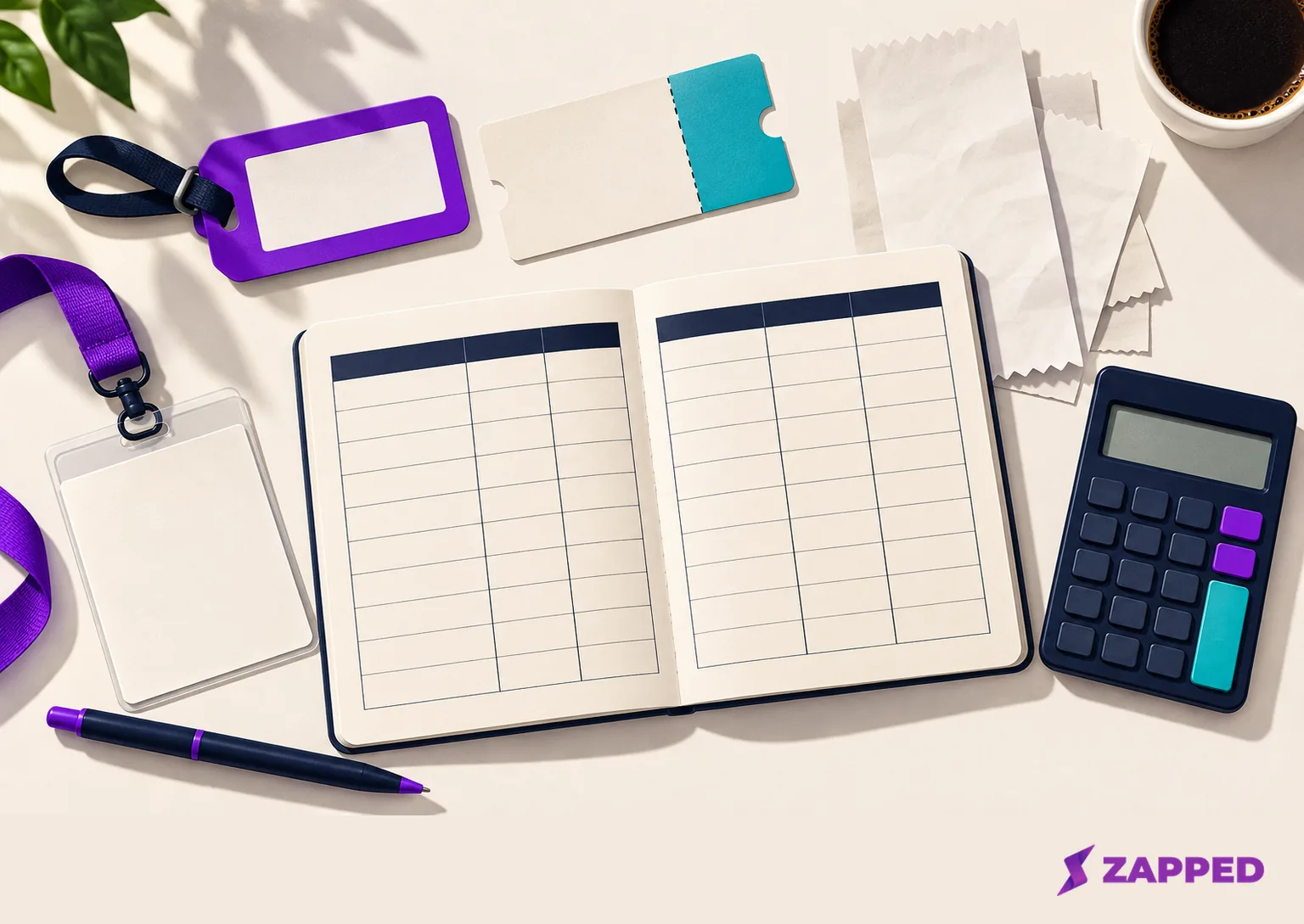 Blank event budget rows, receipts, travel materials, a badge, and a calculator show the records to gather before calculating event ROI.