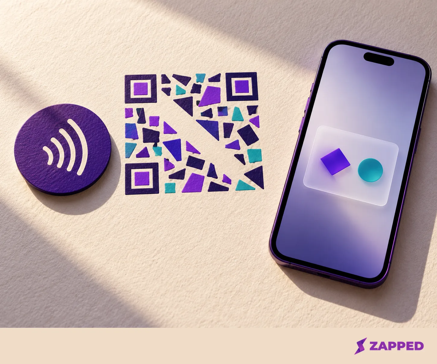 An NFC tag, broken QR inspired fallback, and phone display an abstract user controlled prompt.
