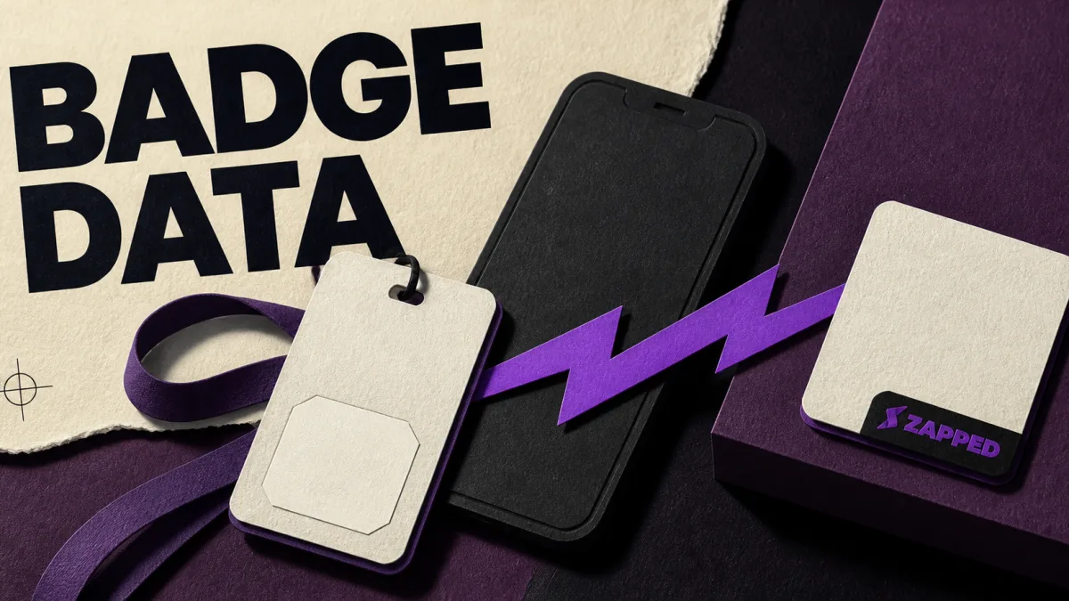 Event badge beside a phone and a contact card, representing the choice between badge scanning and direct contact exchange