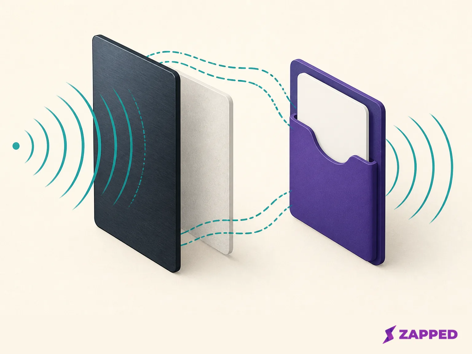 Abstract diagram showing metal, ferrite-like layer, and external card slot changing an NFC signal path.