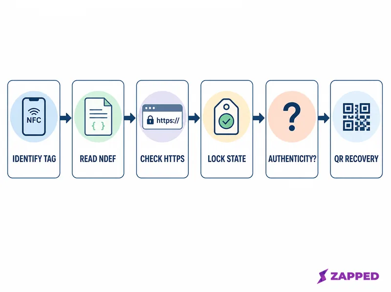 NFC inspection and recovery flow showing tag identity, NDEF read, HTTPS destination check, write and lock state, authenticity question, and QR fallback.