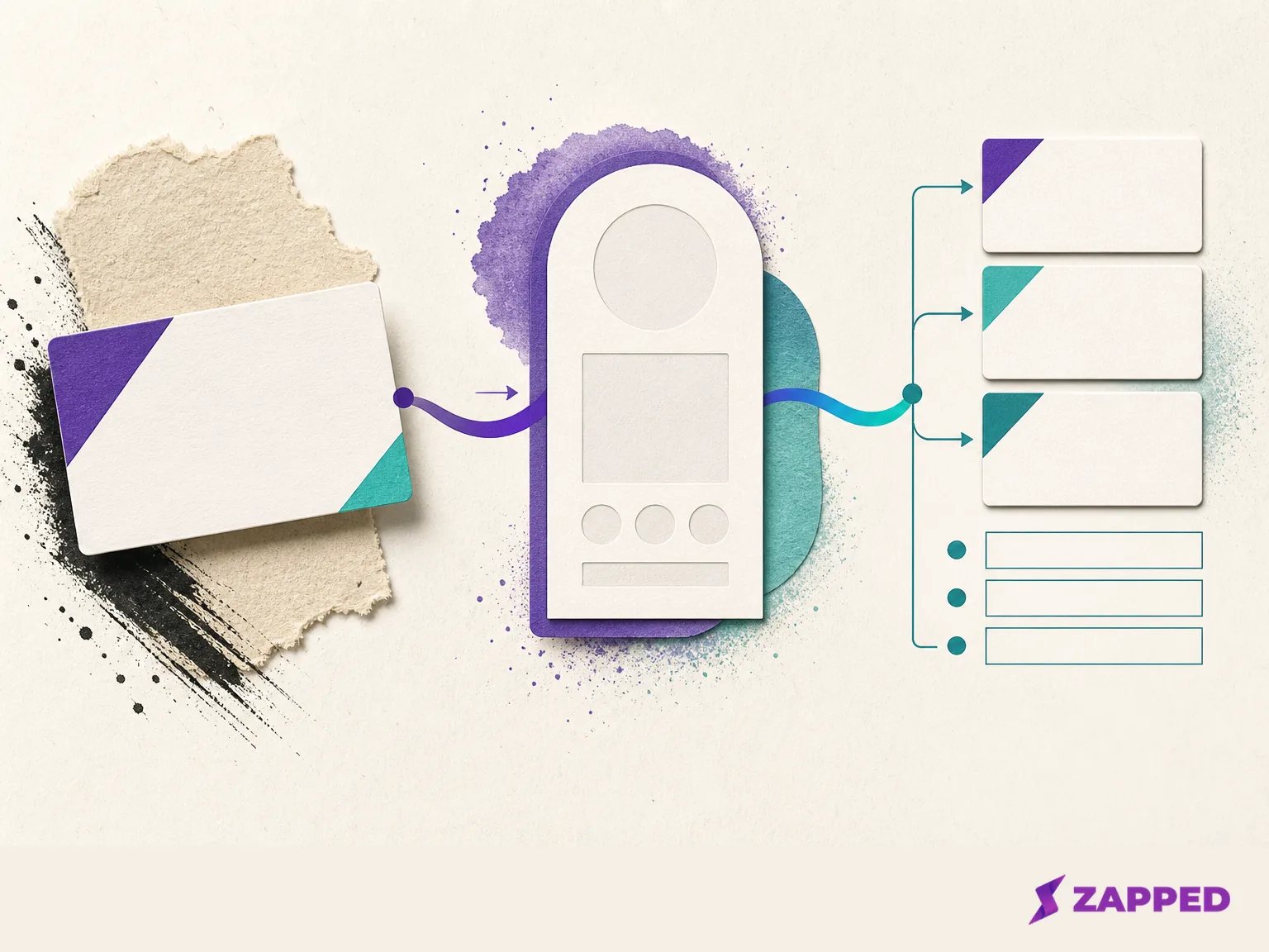 Editorial illustration connecting a physical business card, an editable profile, and a blank team management layer with purple and teal lines.