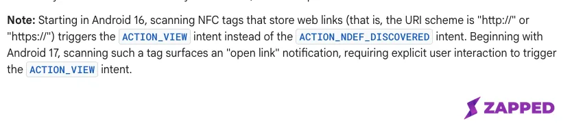 Screenshot of Android Developers documentation describing the Android 17 open link notification requirement for NFC tag scanning