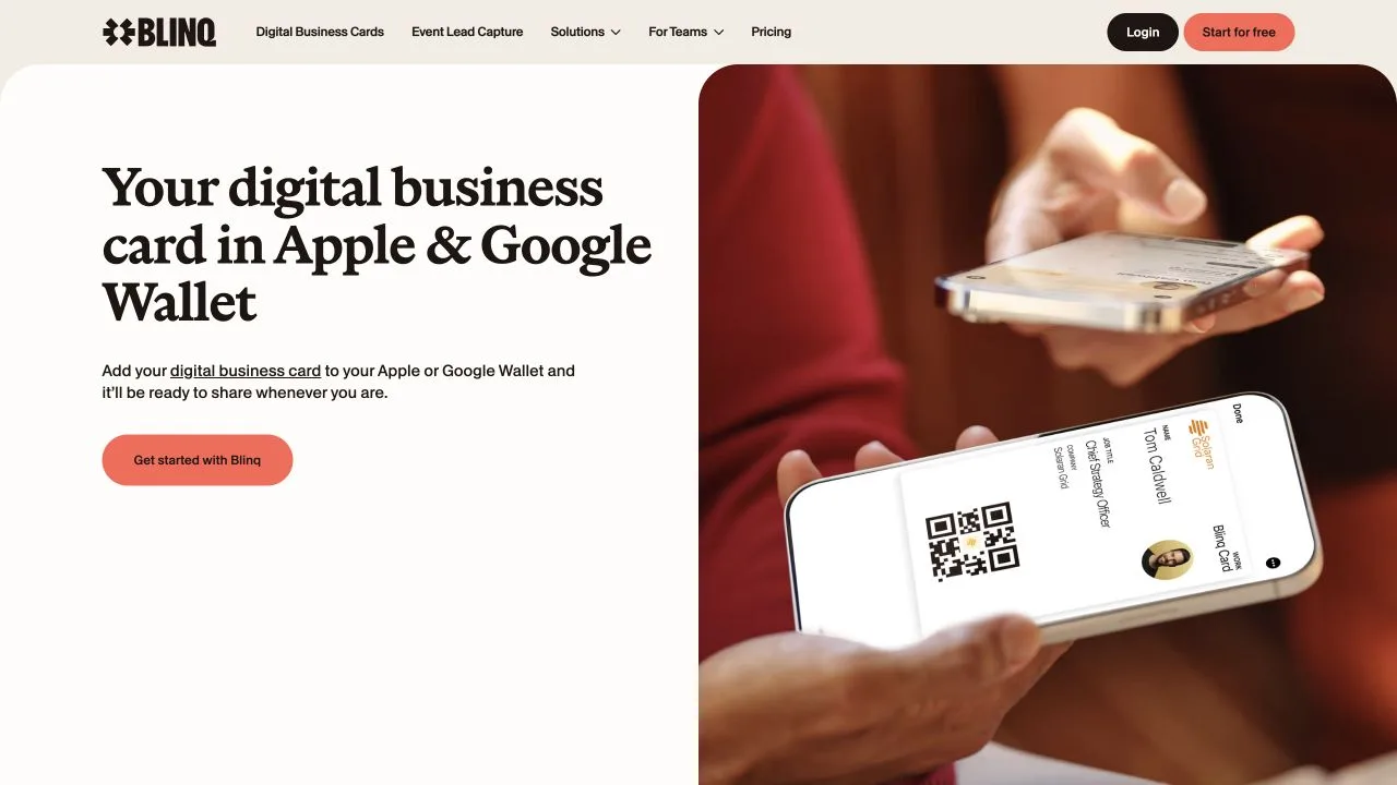Blinq Wallet page showing digital business card sharing through Apple and Google Wallet