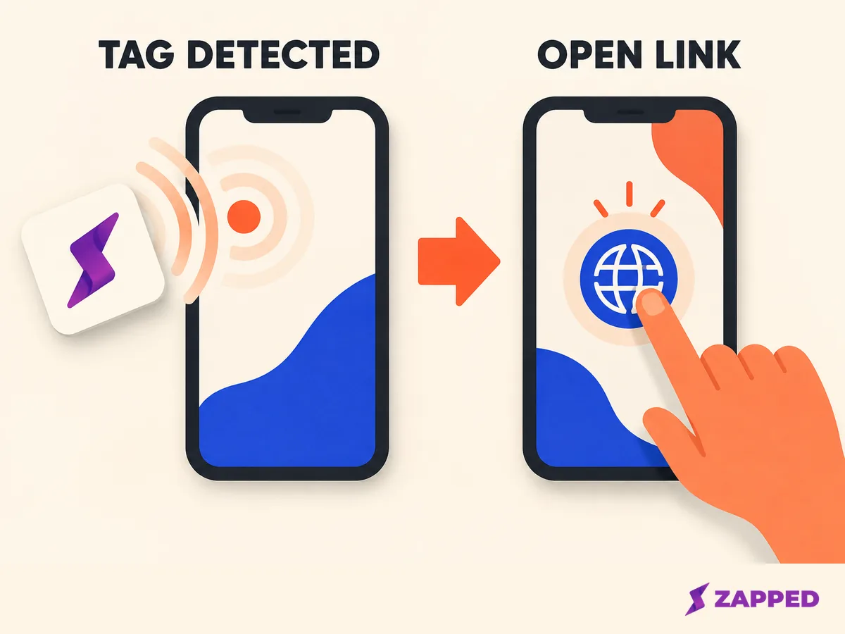 A two-panel illustration separates a phone detecting an NFC tag from a person opening the link.