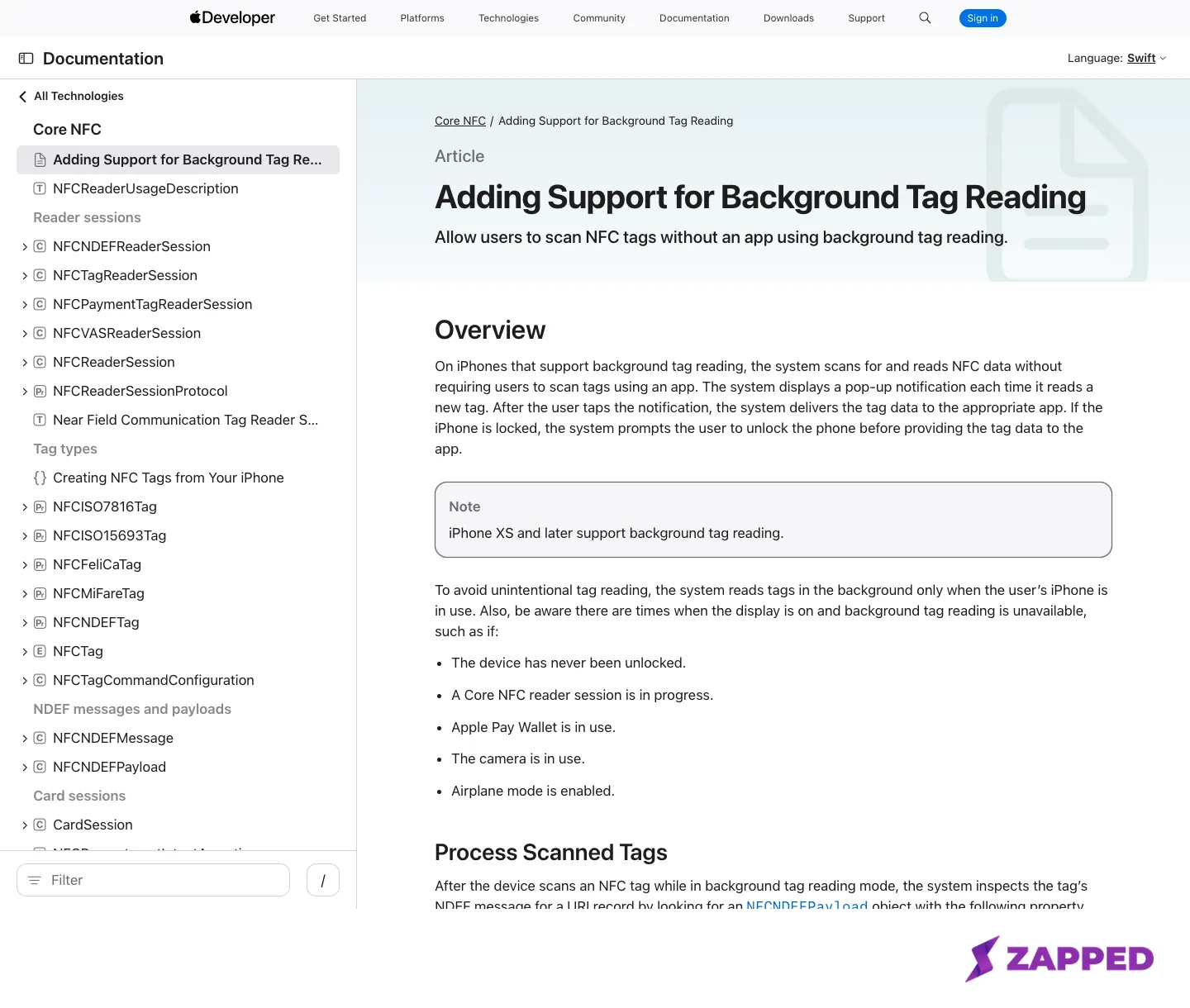 Screenshot of Apple's Core NFC documentation page, Adding Support for Background Tag Reading, showing the Process Scanned Tags section on the URI record requirement