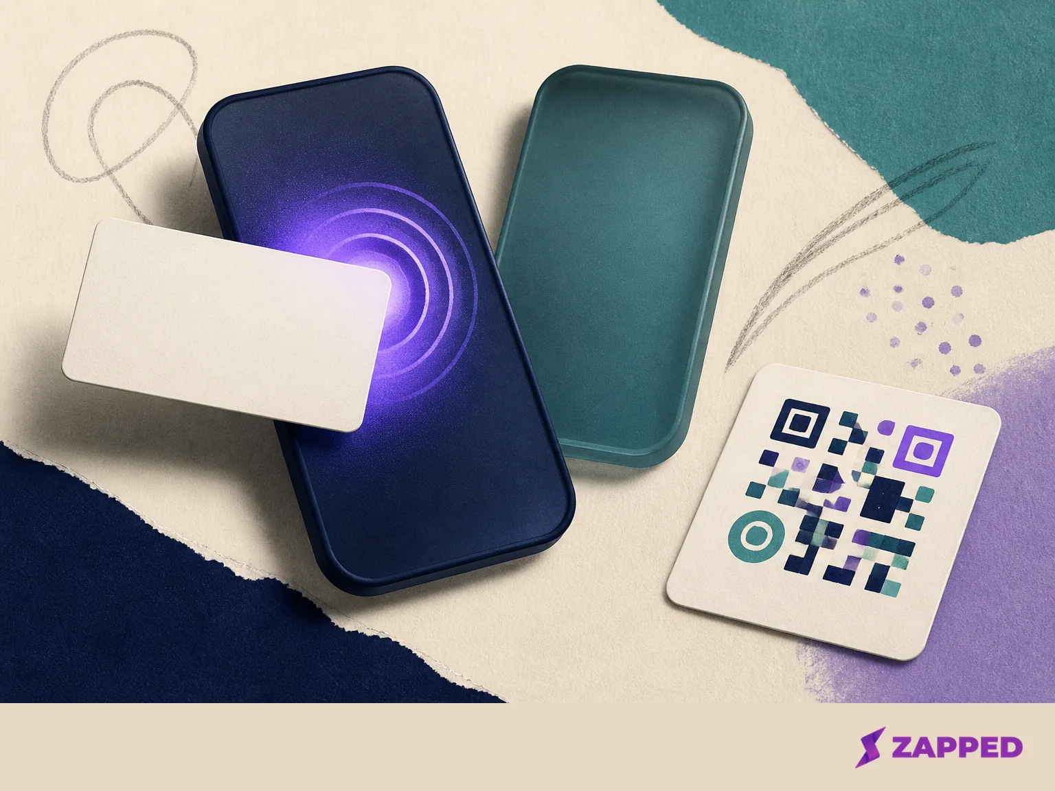 Abstract editorial illustration of an NFC tap, two phone-shaped forms, and a conceptual QR fallback card.